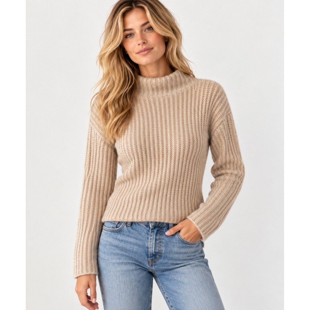 Vince Women’s Alpaca Wool Blend Ribbed Mock Neck Sweater Beige Size M Preppy